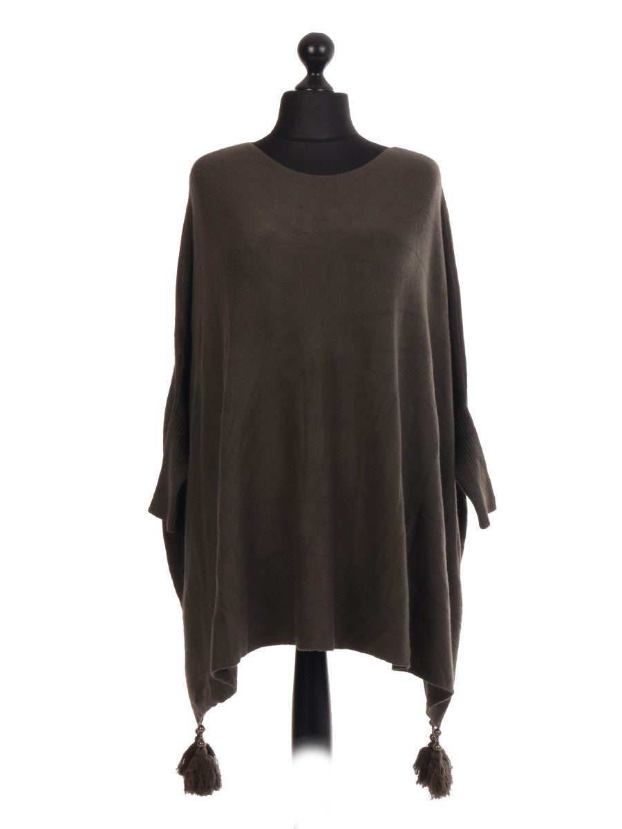 Italian Batwing Tassels Poncho - khaki