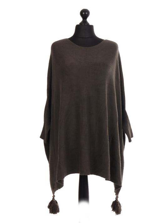 Italian Batwing Tassels Poncho - khaki