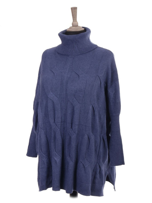 Italian Cowl Neck Cable Knit Batwing Jumper - Denim