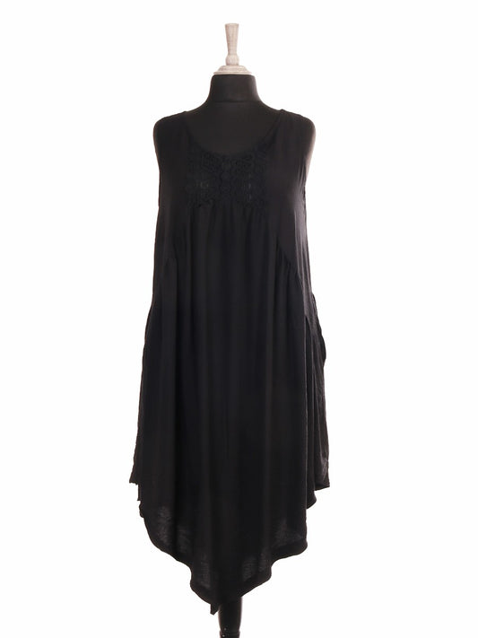 Italian Crochet Detail Handkerchief Hem Dress with Pockets - Black