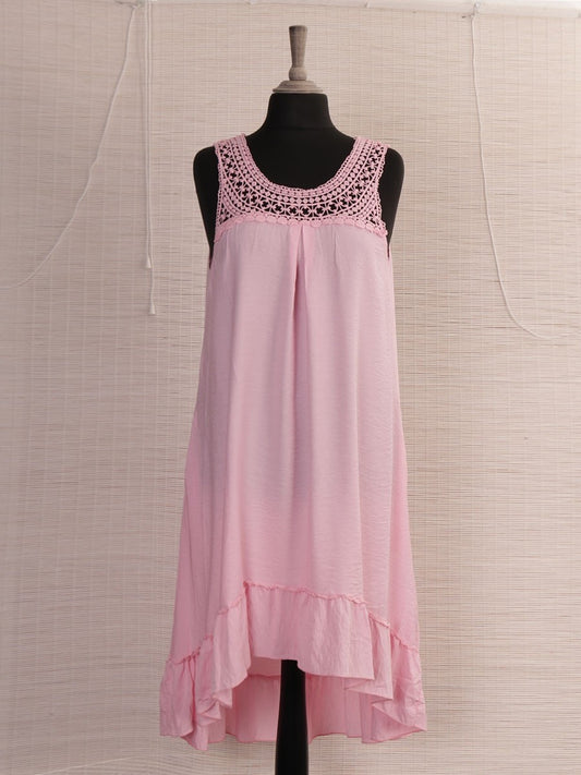 Italian Crochet Neck Frilled Hem Detail Dip Hem Dress - Baby Pink