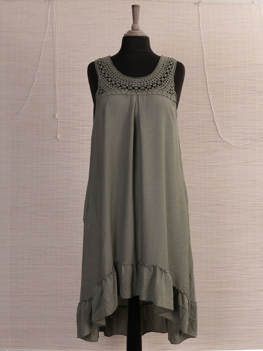 Italian Crochet Neck Frilled Hem Detail Dip Hem Dress - Khaki