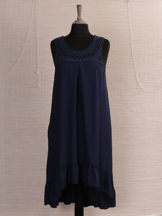 Italian Crochet Neck Frilled Hem Detail Dip Hem Dress - Navy
