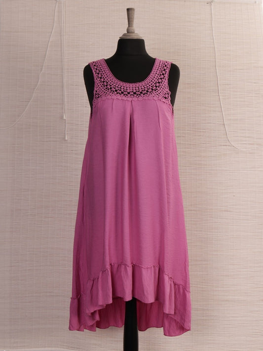 Italian Crochet Neck Frilled Hem Detail Dip Hem Dress - Cerise