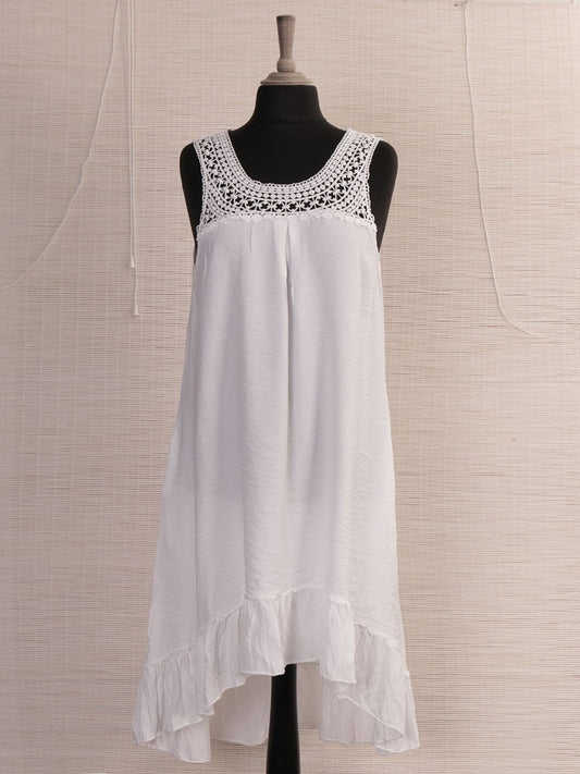Italian Crochet Neck Frilled Hem Detail Dip Hem Dress - White