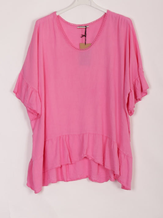 Italian Crochet Neck Linen Batwing Top - Cerise