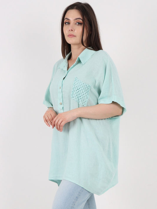 Italian Cut Work Pocket Detail Linen Blouse - Aqua