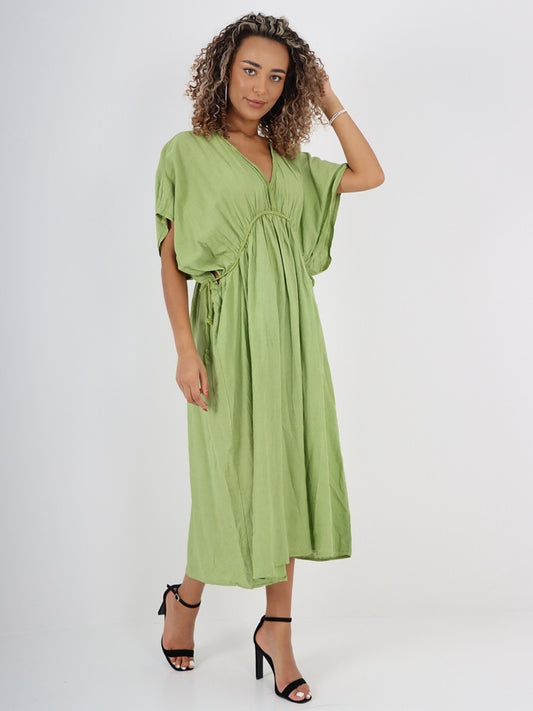 Italian Drawstring Flared Linen Dress - Lime Green