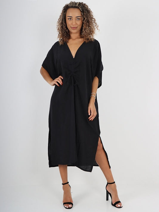 Italian Drawstring Side Split Linen Dress - Black