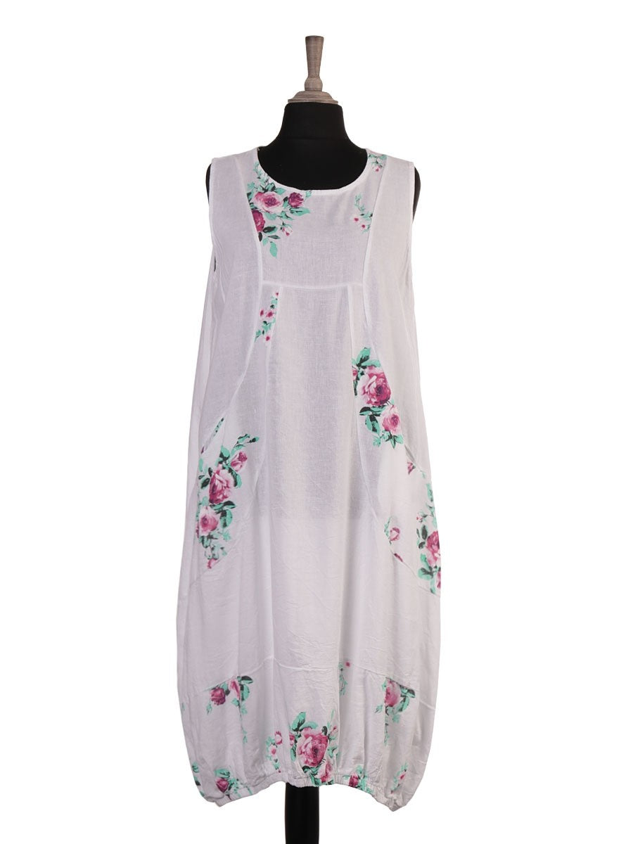 Italian Elasticated Hem Floral Linen Lagenlook Dress - White