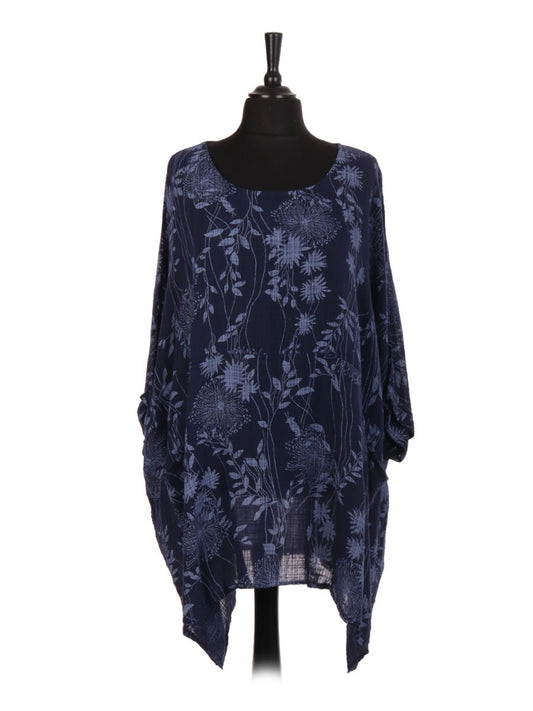 Italian Floral Print Plus Size Cotton Tunic Top - Navy