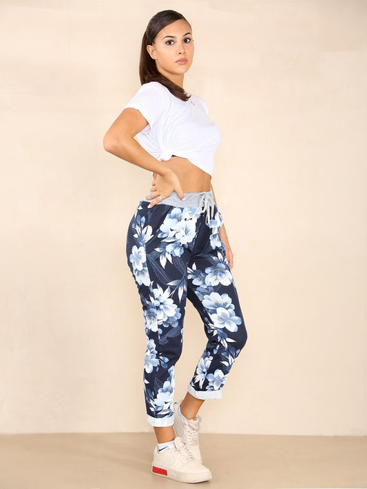 Italian Floral Printed Cotton Joggers -  Navy