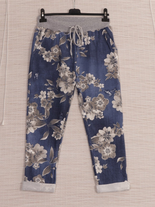 Italian Floral Printed Summer Joggers -  Denim