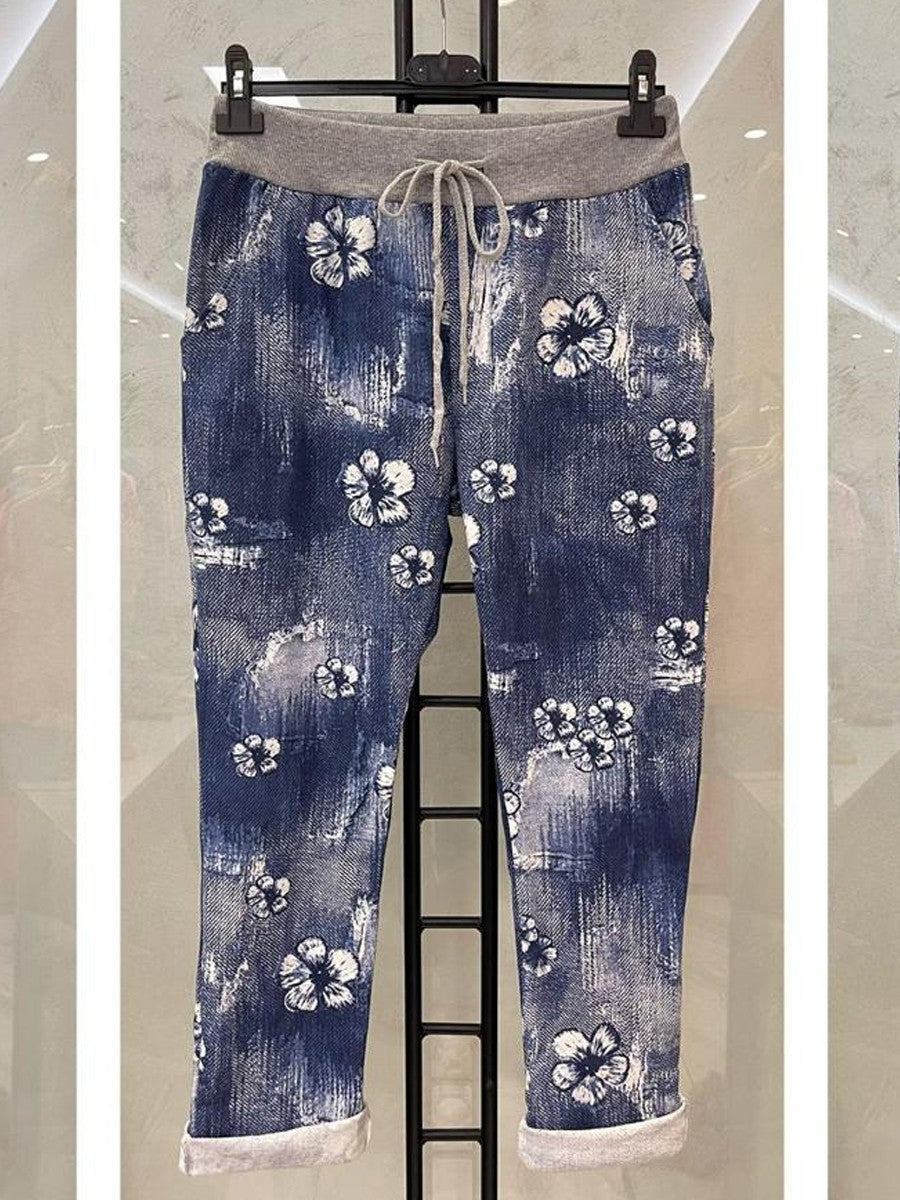 Italian Flower Printed Cotton Trousers -  Denim
