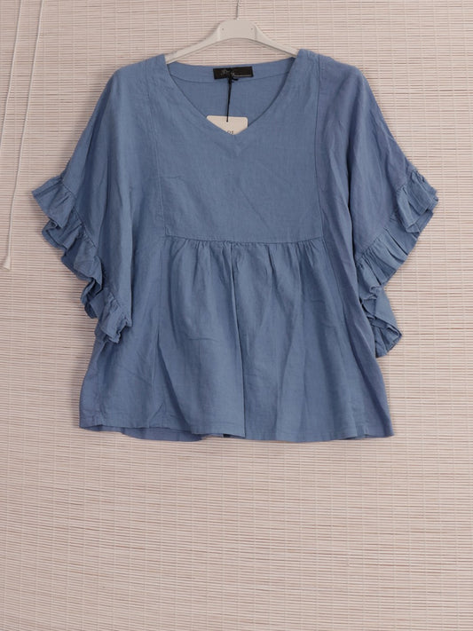 Italian Frilled Sleeves Linen Batwing Top - Denim