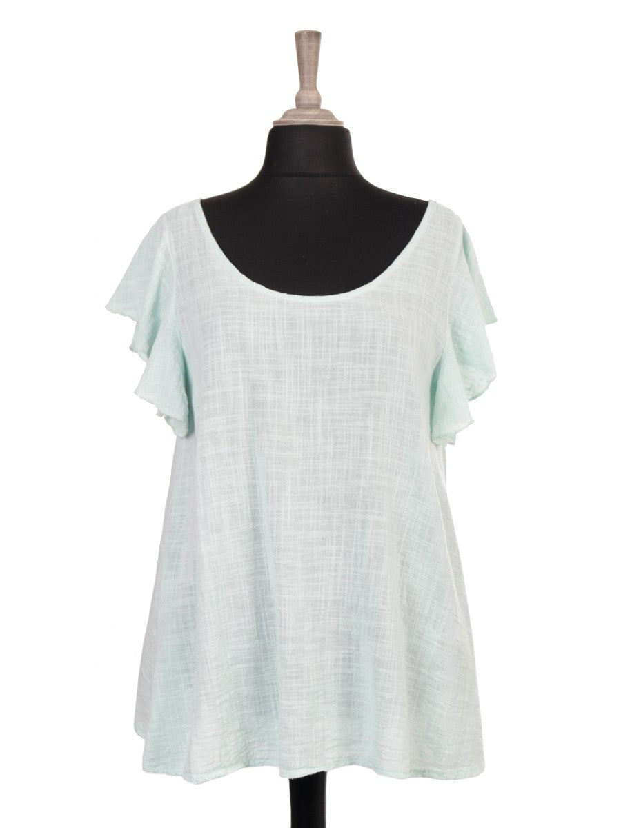 Italian Frilled Sleeves Smocked Back Flared Top - Aqua