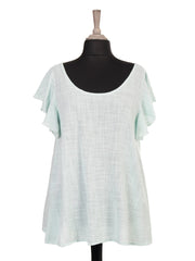 Italian Frilled Sleeves Smocked Back Flared Top - Aqua