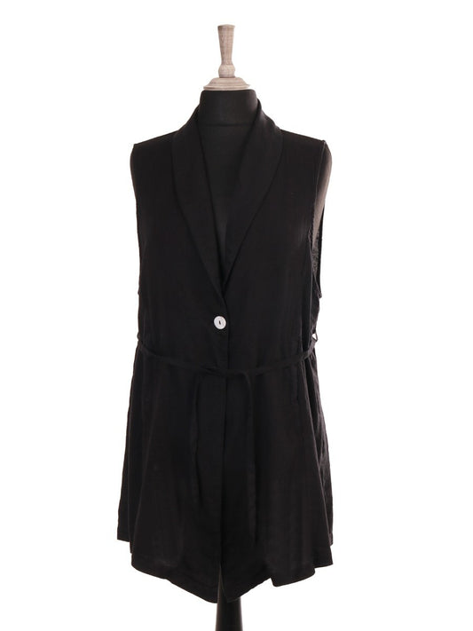 Italian Front Button Detail Collard Linen Cardigan - Black