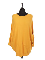 Italian Lace Back Batwing Jumper With Front Diagonal Pocket - Mustard
