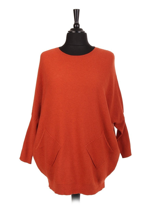 Italian Lace Back Batwing Jumper With Front Diagonal Pocket - Orange