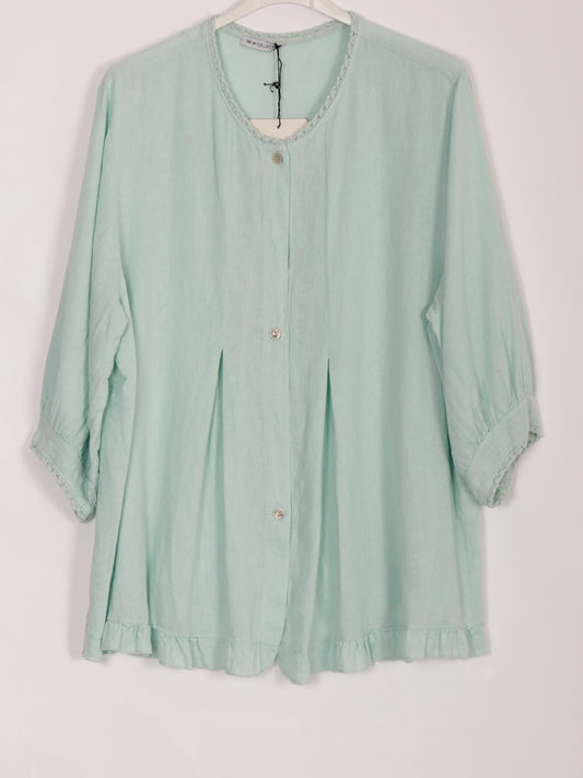Italian Lace Detail Button Through Linen Top - Aqua