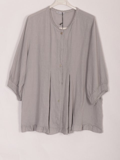 Italian Lace Detail Button Through Linen Top - Light Grey