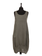 Italian Linen Lagenlook Dress With Side Ribbed Panel - Khaki
