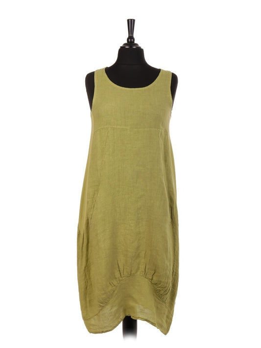 Italian Linen Lagenlook Dress With Side Ribbed Panel - Lime Green