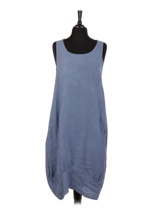 Italian Linen Lagenlook Dress With Side Ribbed Panel - Denim