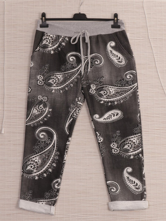 Italian Paisley Print Cotton Trousers -  Black
