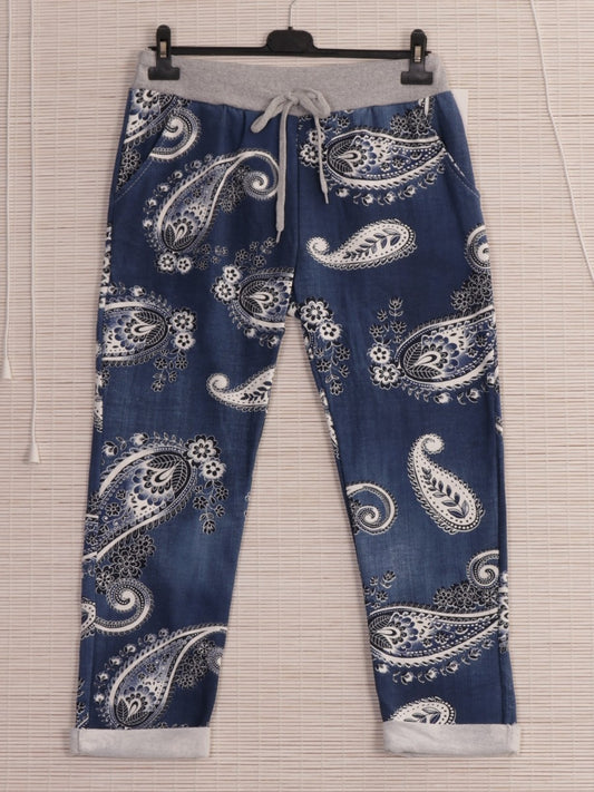 Italian Paisley Print Cotton Trousers -  Denim