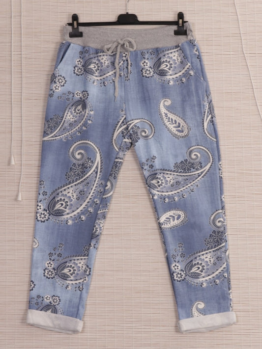 Italian Paisley Print Cotton Trousers -  Light Denim