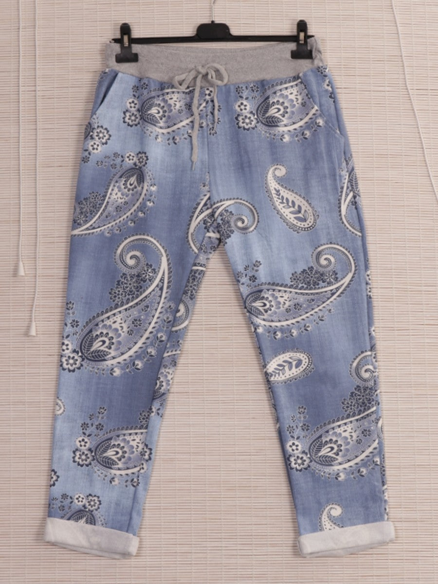 Italian Paisley Print Cotton Trousers -  Light Denim