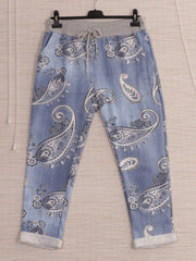 Italian Paisley Print Cotton Trousers -  Light Denim