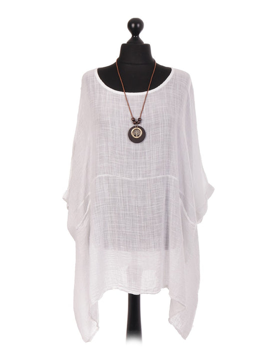 Italian Plain Batwing Top With Front Pockets and Necklace - White