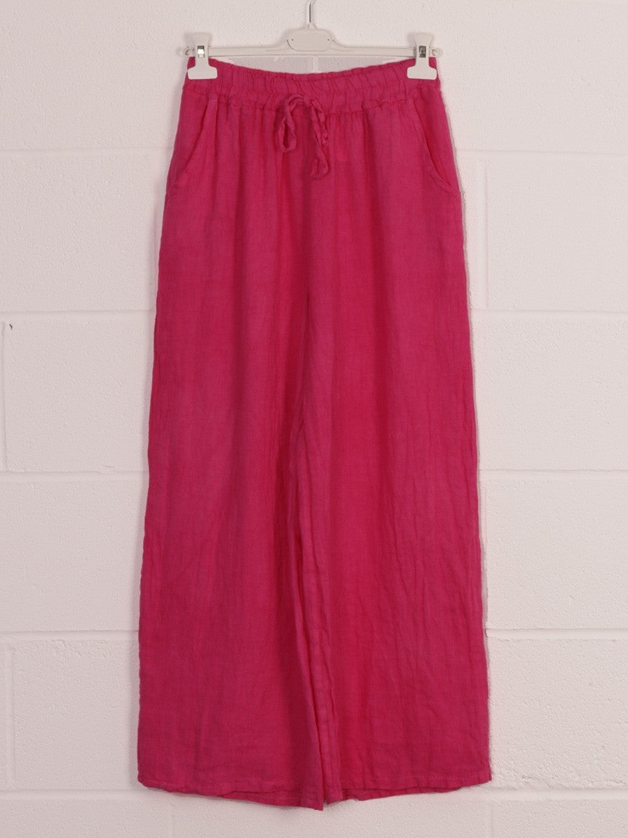 Italian Plain Linen Culottes With Side Pockets - Cerise