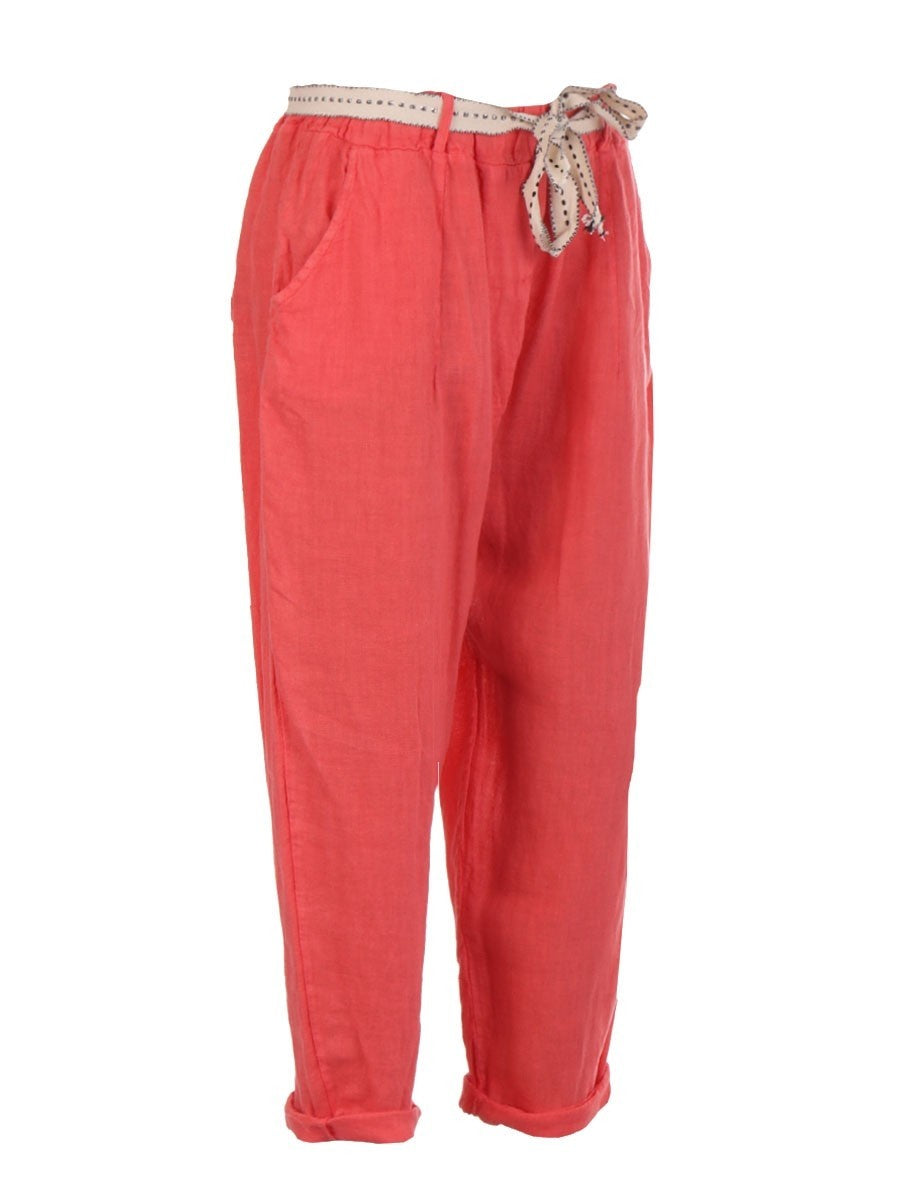 Italian Plain Linen Trouser With Side Pockets - Coral