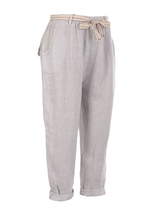 Italian Plain Linen Trouser With Side Pockets - Light Grey