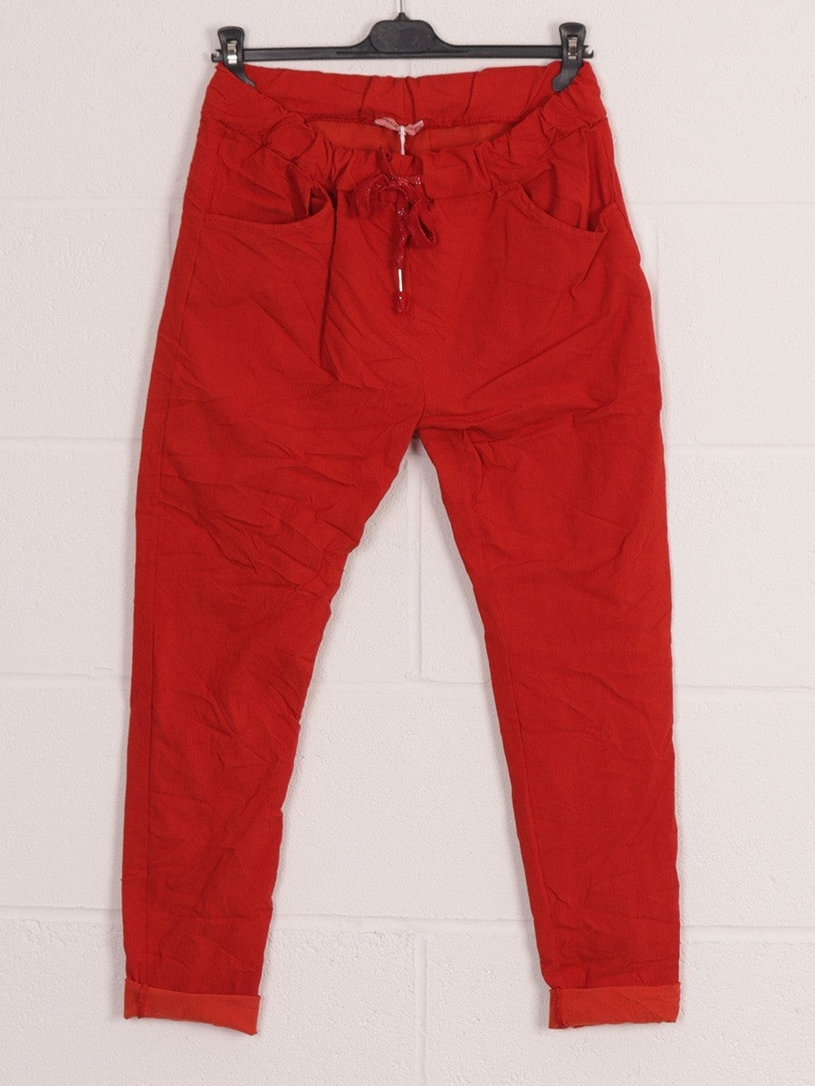 Italian Plain Magic Pants With Side Pockets - Red