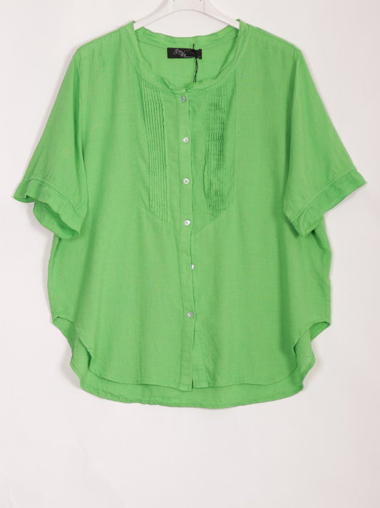 Italian Pleated Front Button Through Linen Blouse - Parrot Green