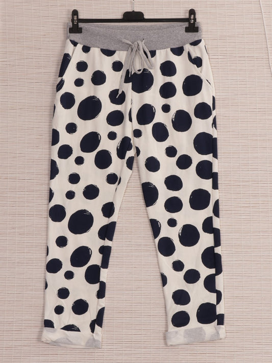 Italian Polka Dot Print Cotton Joggers -  White
