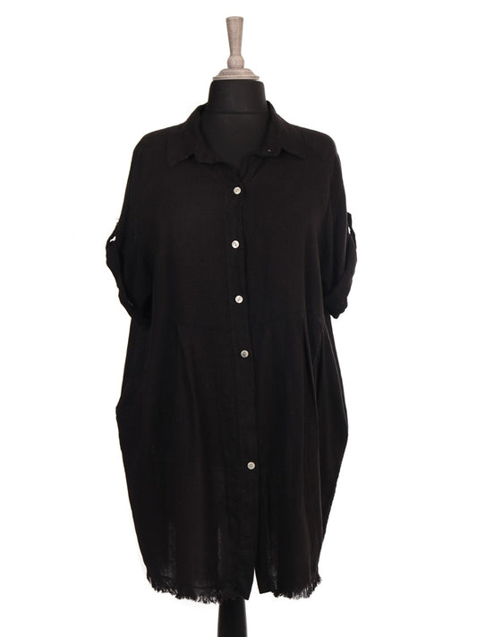 Italian Raw Edge Hem Front Button Panel Top - Black