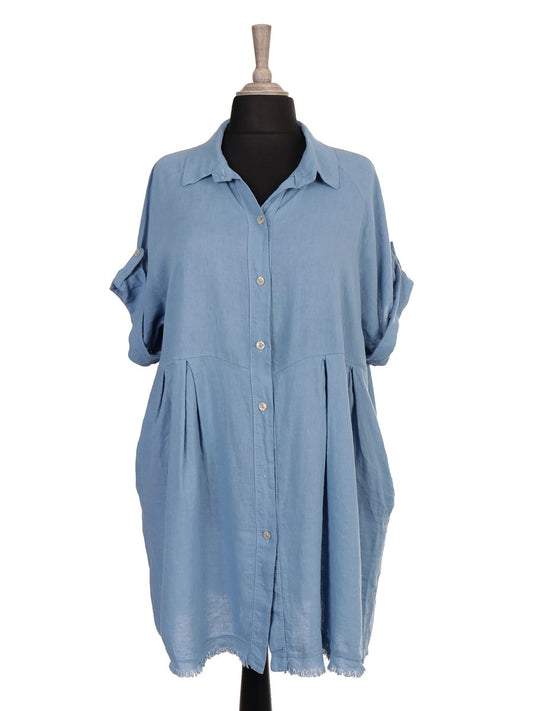 Italian Raw Edge Hem Front Button Panel Top - Denim