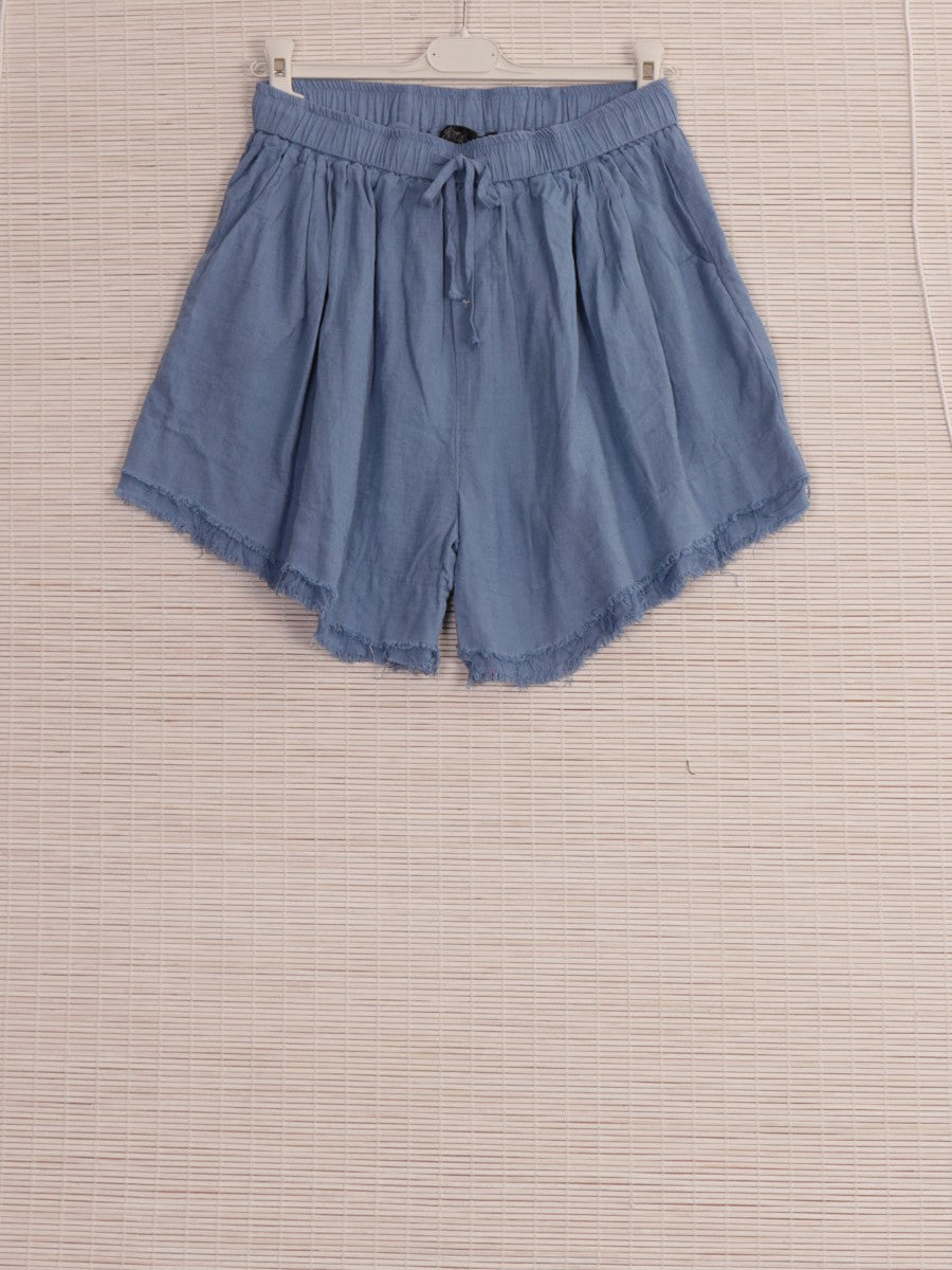Italian Raw Edge Linen Shorts with Side Pockets - Denim