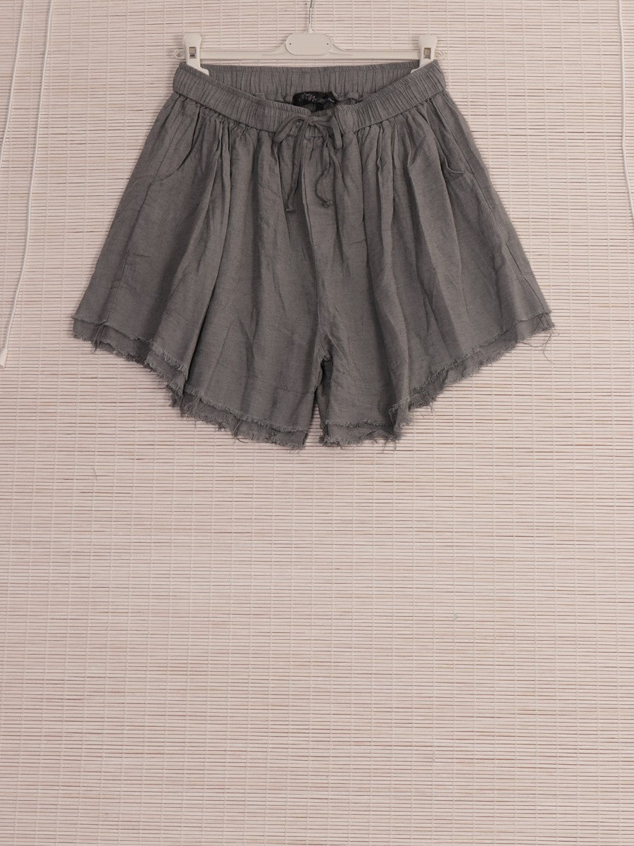 Italian Raw Edge Linen Shorts with Side Pockets - Grey