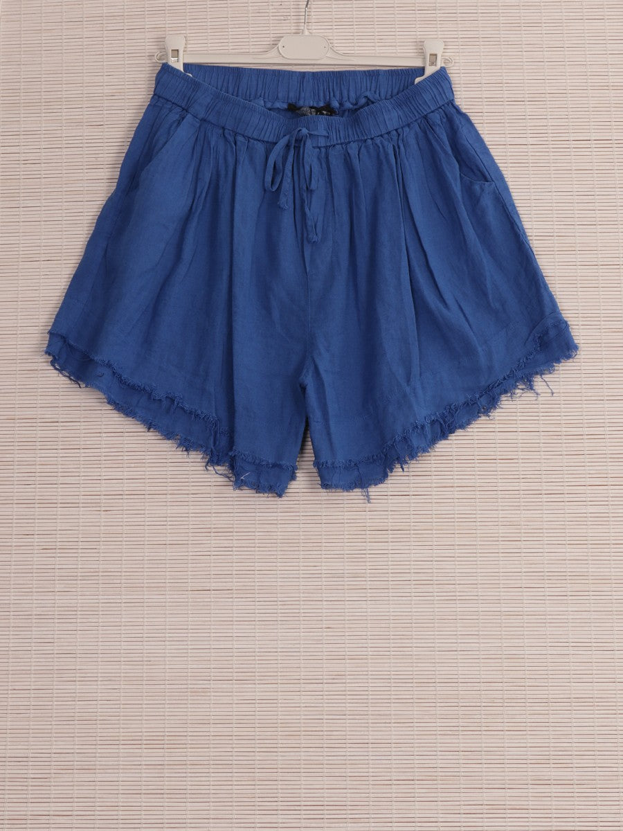 Italian Raw Edge Linen Shorts with Side Pockets - Royal Blue