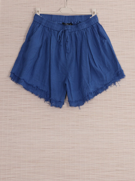 Italian Raw Edge Linen Shorts with Side Pockets - Royal Blue