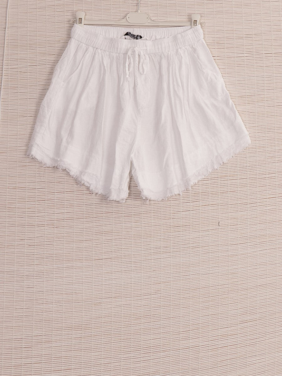 Italian Raw Edge Linen Shorts with Side Pockets - White