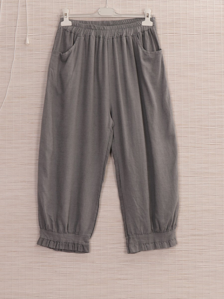 Italian Ruffled Hem Relaxed Fit Linen Trousers - Grey
