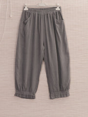 Italian Ruffled Hem Relaxed Fit Linen Trousers - Grey